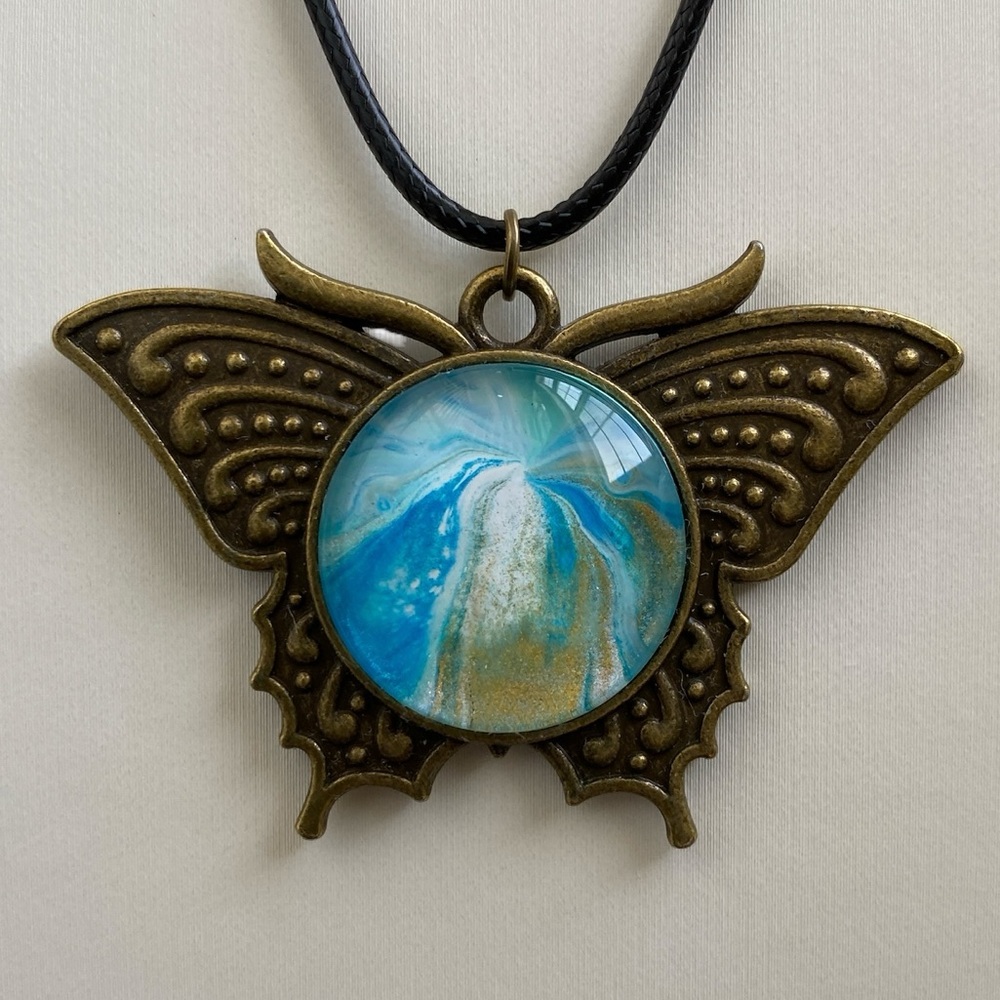 Handmade Butterfly Necklace with Ocean Blue Fluid Art Glass Cabochon Pendant